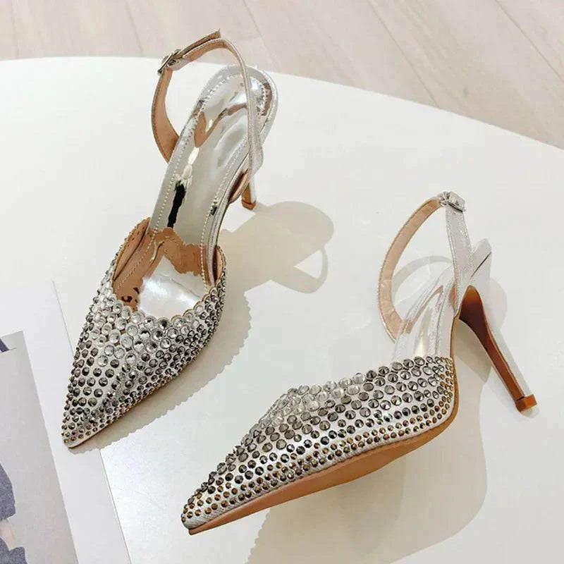 VougeVamp Black Crystal Rhinestone Slingback Pumps - Pointed Toe High Heel Party Shoes for Women