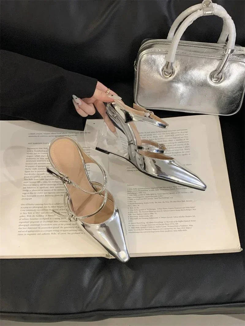 VougeVamp Women’s Transparent Wedge Slippers – Patent Leather Pointed Toe Mules with Buckle Strap for Parties and Summer Events