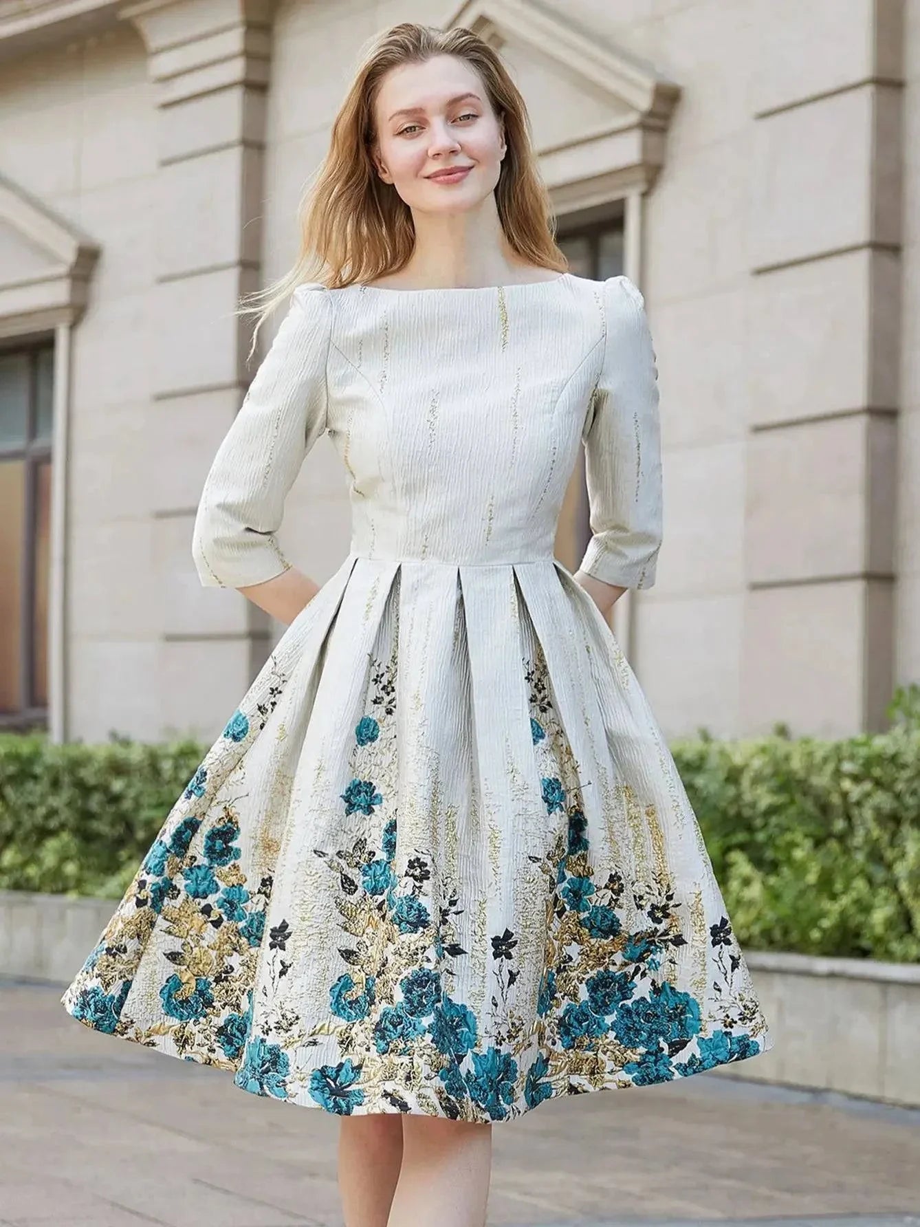 VougeVamp Luxury Women Jacquard Mid-Calf Dress - Floral A-Line Evening Gown with Three-Quarter Sleeves - VougeVampUK