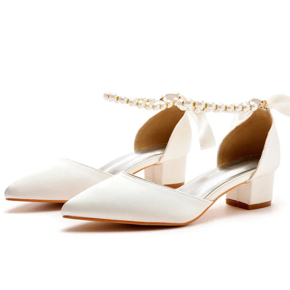 VougeVamp Handmade Silk Beaded Bridal Pumps – Pointed Toe Buckle Strap Sandals with Thick High Heels