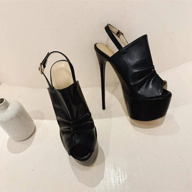 VougeVamp Black Pleated Platform Sandals - Peep Toe High Heel Party Shoes for Women