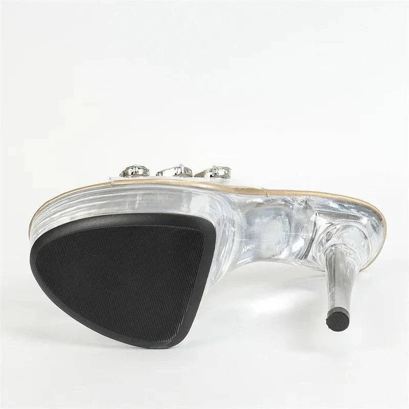 VougeVamp Red Gem Transparent Platform Slippers - Peep Toe High Heel Party Sandals for Women