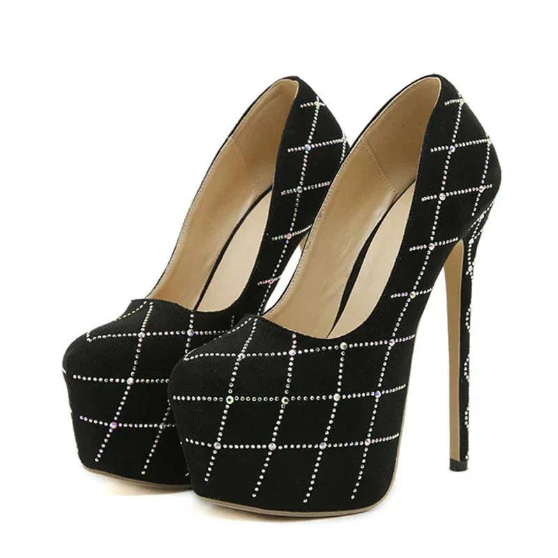 VougeVamp Women’s Catwalk Super High Heels – Crystal Rhinestone Platform Pumps for Parties and Banquets