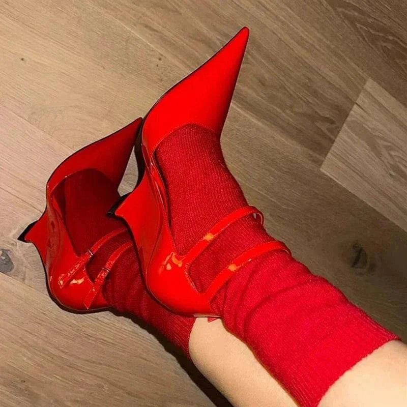 VougeVamp Red Patent Leather Wedge Pumps - Pointed Toe Double Buckle Party Shoes for Women