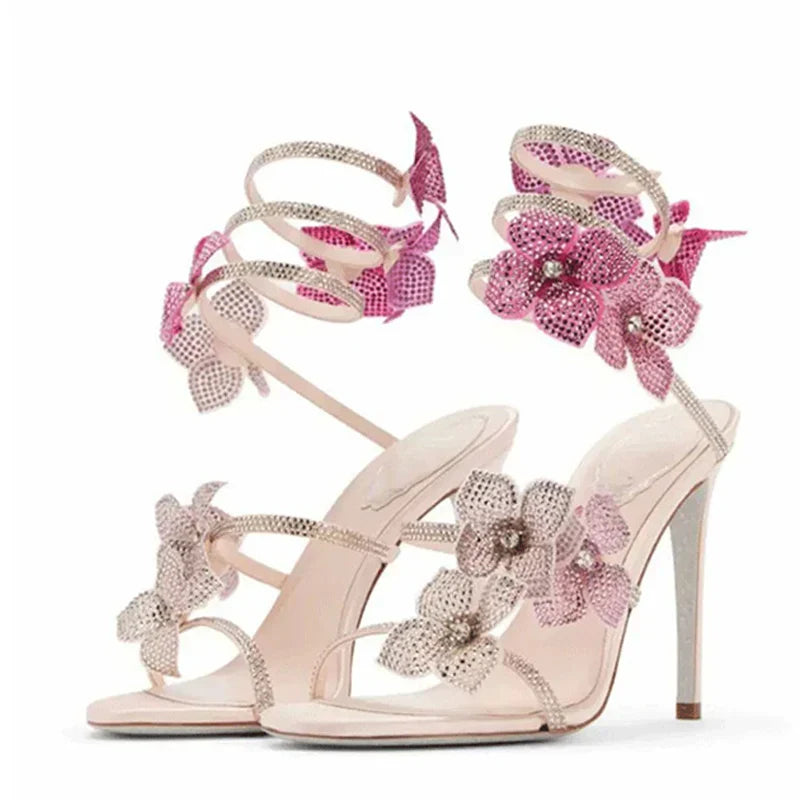 VougeVamp Crystal Flower Ankle Strap Sandals – Elegant Open-Toe Stiletto High Heels for Parties & Banquets