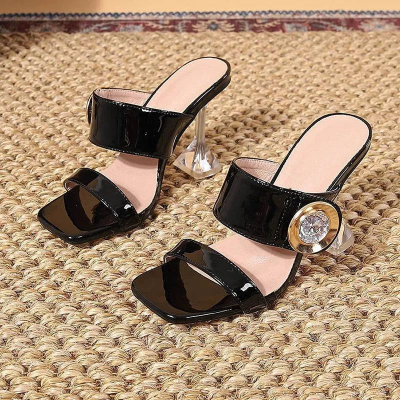 VougeVamp Transparent Metal Crystal Buckle Slippers - 9CM High Heel Party Sandals for Women
