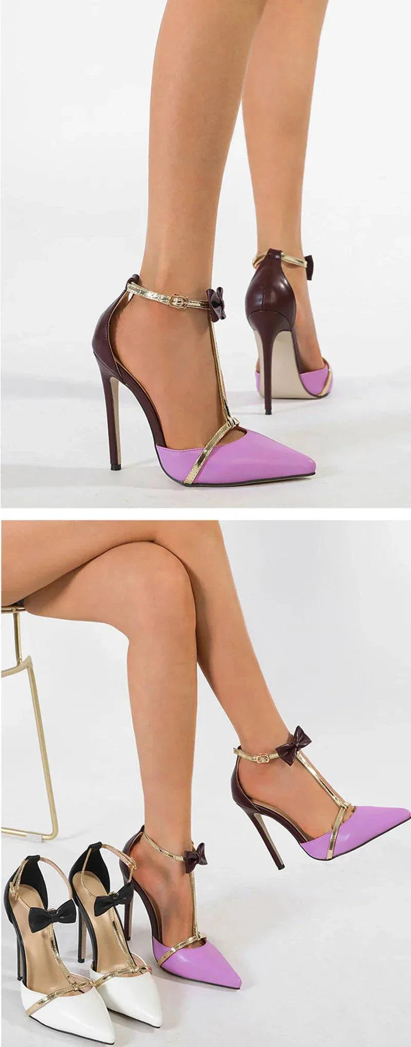 VougeVamp Bowknot Ankle Strap Pumps - Pointed Toe 11.5CM High Heel Party Shoes for Women