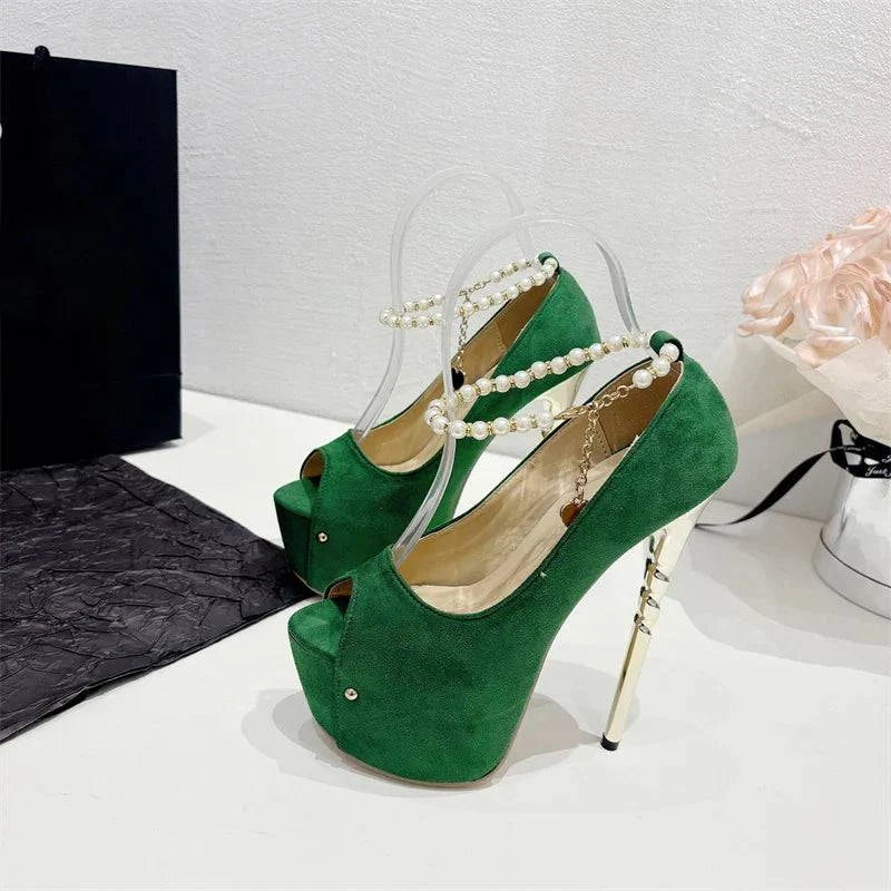 VougeVamp Green String Bead Platform Pumps - Peep Toe High Heel Wedding Shoes for Women