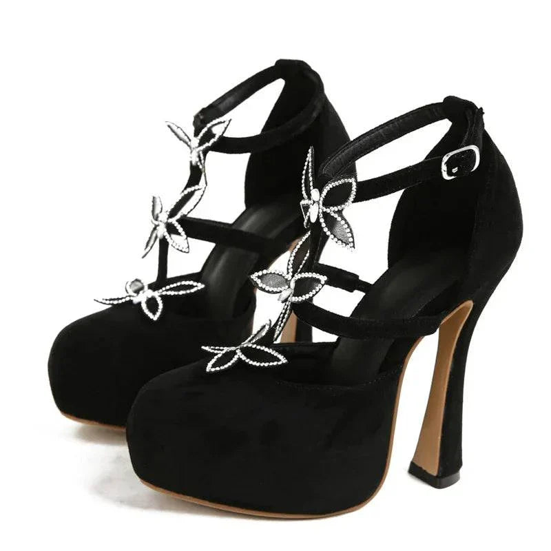 VougeVamp Crystal Rhinestone Butterfly Platform Pumps - Round Toe High Heel Dress Shoes for Women