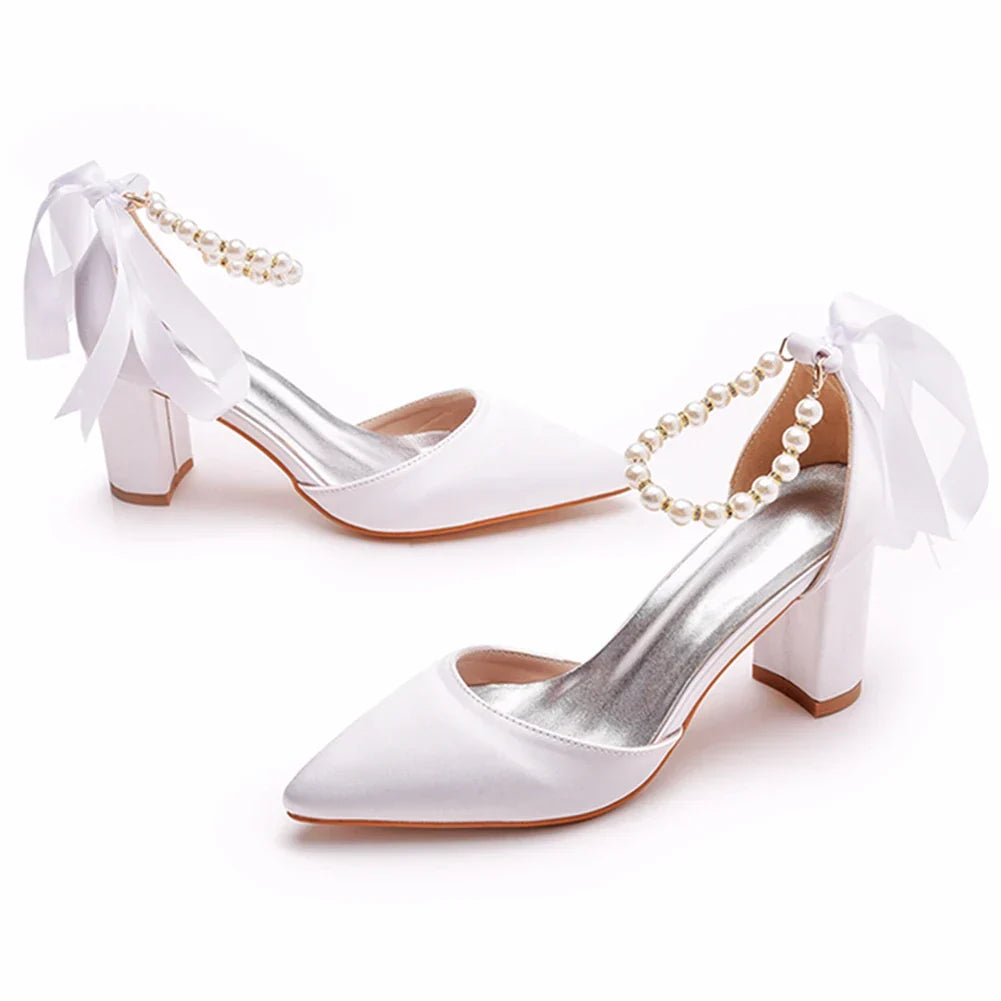VougeVamp Handmade Silk Beaded Bridal Pumps – Pointed Toe Buckle Strap Sandals with Thick High Heels