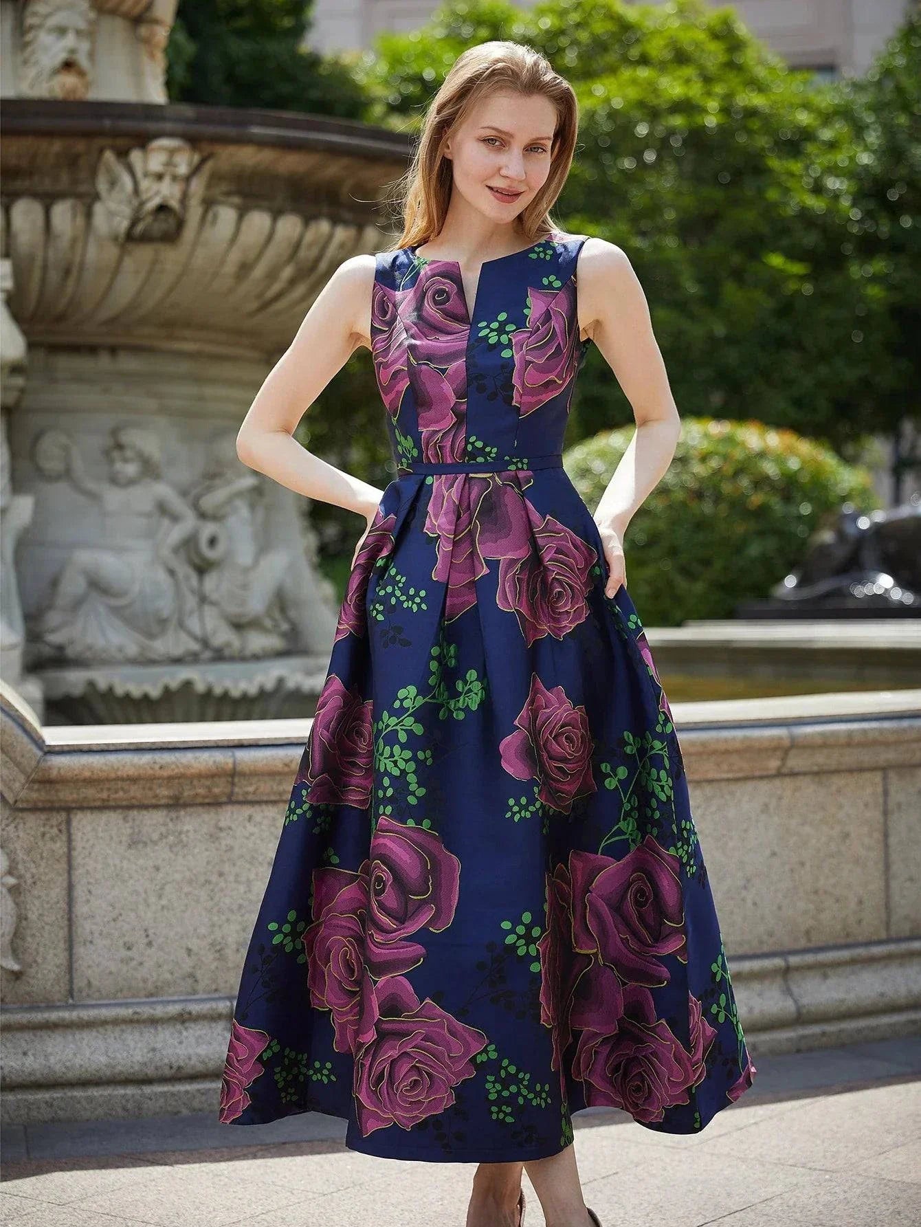 VougeVamp Elegant Women Long Maxi Jacquard Dress - Sleeveless Boho Floral Vintage Party Gown - VougeVampUK