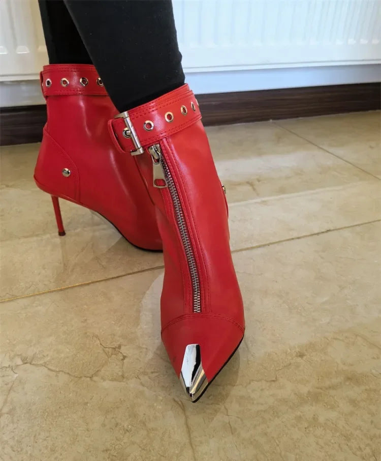 Handmade Women's Red High-Heeled Ankle Boots with Belt Buckle, Front Zipper, Pointed Toe, and Metallic Accent - VougeVampUK
