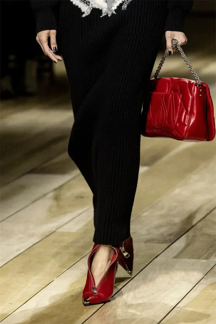 Handmade Women's Red High-Heeled Ankle Boots with Belt Buckle, Front Zipper, Pointed Toe, and Metallic Accent - VougeVampUK