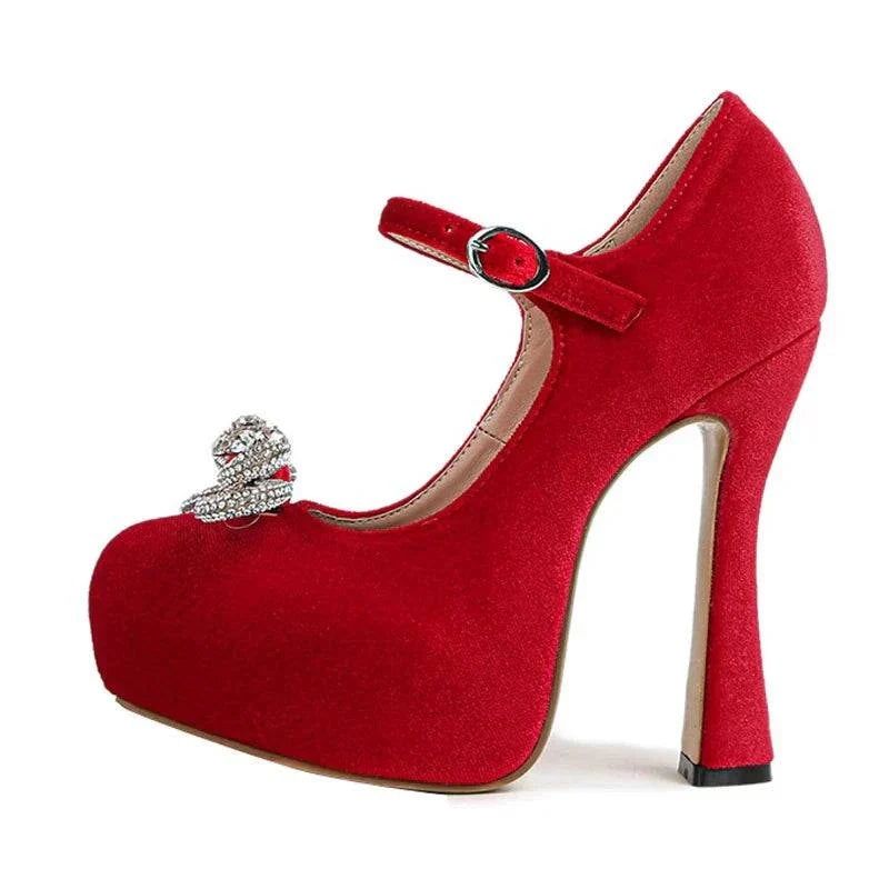 VougeVamp Rhinestone Crystal Bowknot Platform Pumps - Round Toe 13CM High Heel Wedding Shoes for Women
