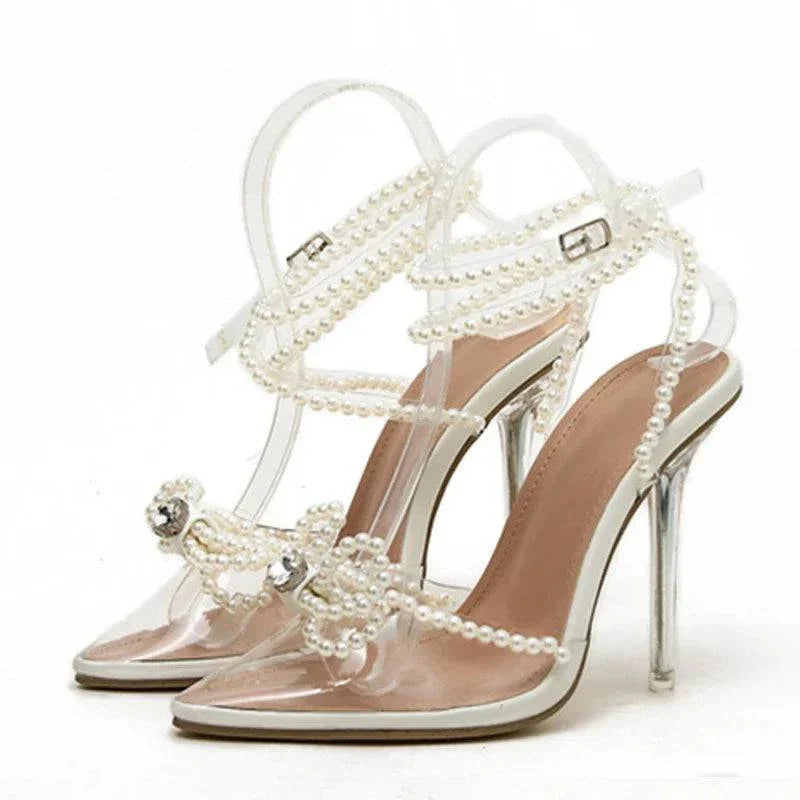 VougeVamp White String Bead Transparent Sandals - Pointed Toe High Heel Party Shoes for Women