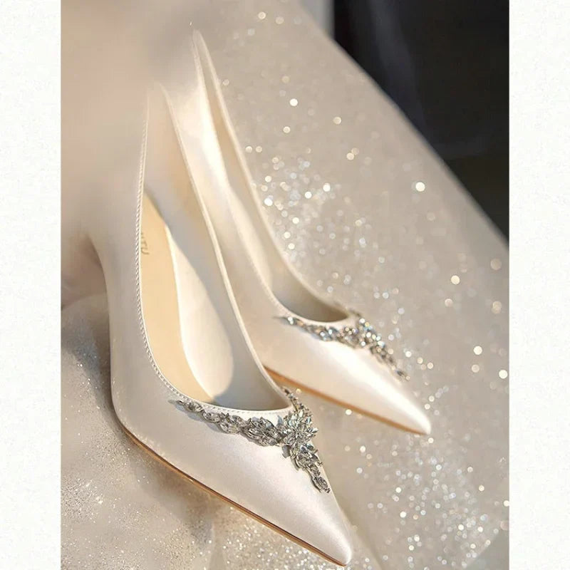 VougeVamp White Silk Satin Bridal Heels – Rhinestone Crystal Stiletto Pumps for Weddings