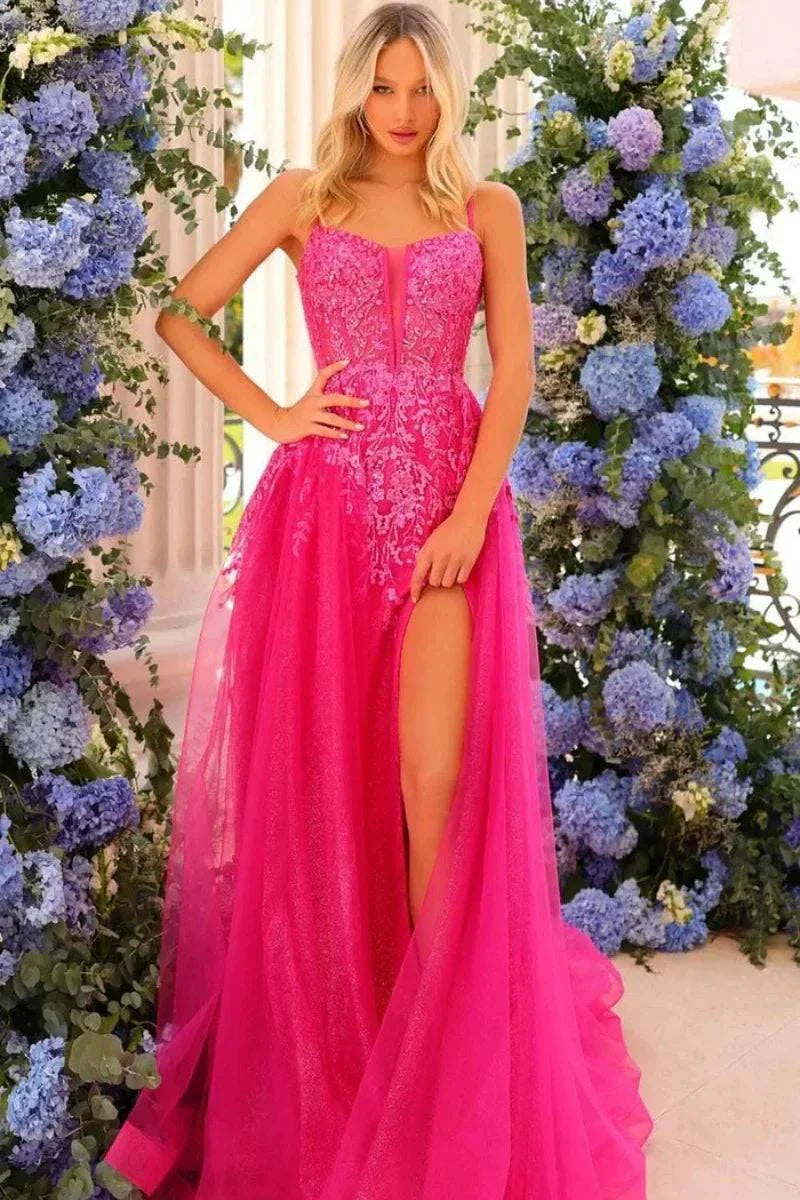 VougeVamp Hot Pink Prom Dress - Embroidered Sequin Mermaid Fairy Gown with Side Slits - VougeVampUK