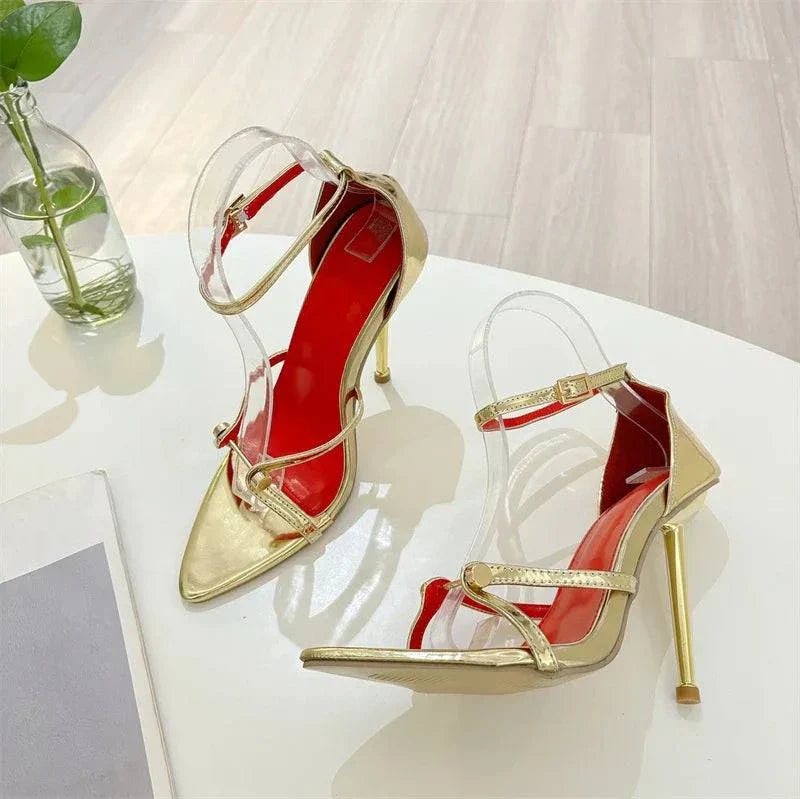 VougeVamp Gold Silver Ankle Cover Strap Sandals - Pointed Open Toe High Heel Party Shoes for Women