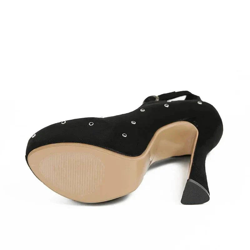 VougeVamp Women’s Round Toe Ankle Buckle Strap Pumps – Metal Rivet Designer High Heels for Parties and Events