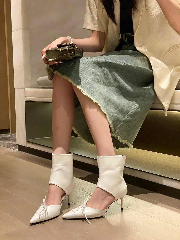 VougeVamp Women's Butterfly Knot Ankle Boots – Pointed Toe Thin Heel Boots with Zipper Closure