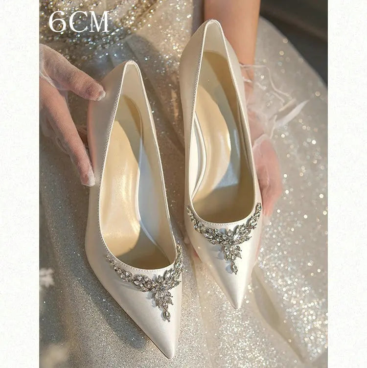 VougeVamp White Silk Satin Bridal Heels – Rhinestone Crystal Stiletto Pumps for Weddings