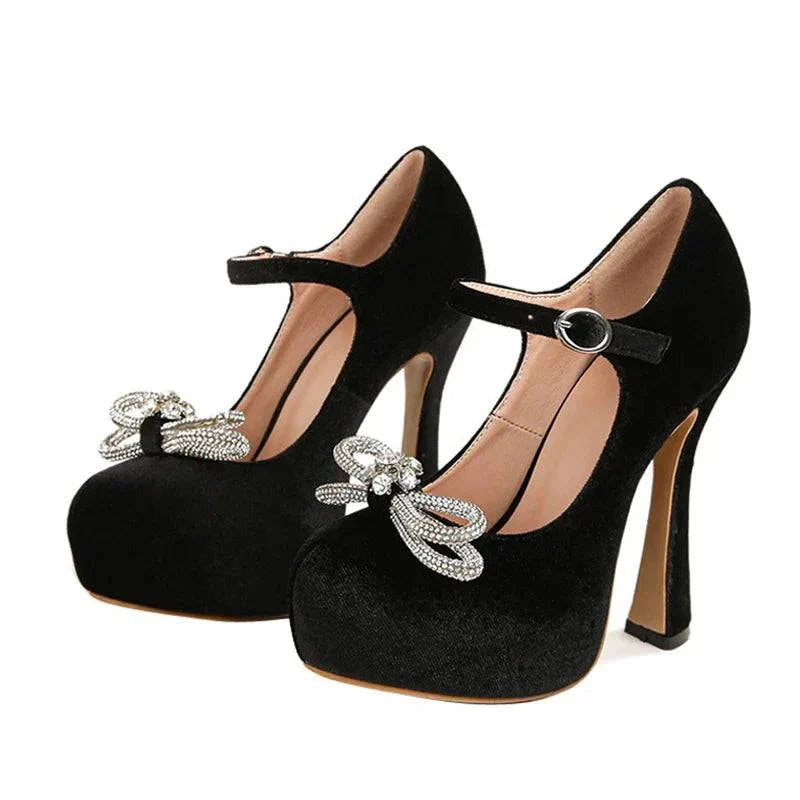 VougeVamp Rhinestone Crystal Bowknot Platform Pumps - Round Toe 13CM High Heel Wedding Shoes for Women