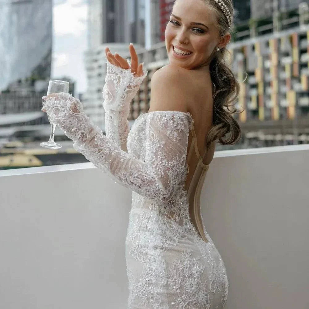 VougeVamp Customized White Mermaid Off-the-Shoulder Prom Dress - Lace Long Sleeve Backless Evening Gown - VougeVampUK