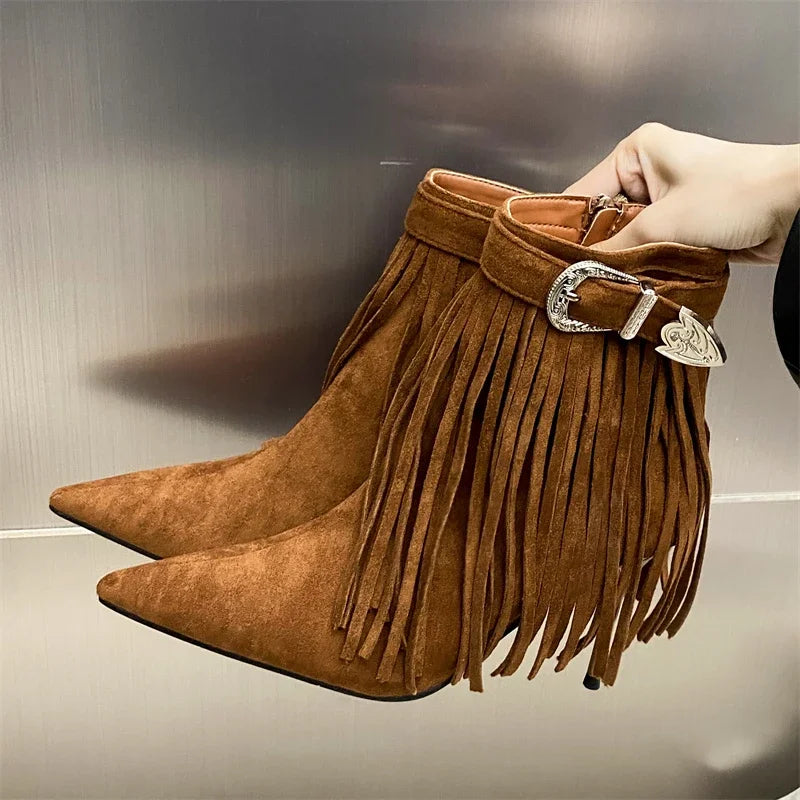 Tassel Belt Buckle Women’s Ankle Boots with Pointed Toe and Thin Heels, Fashionable Zipper Design - VougeVampUK