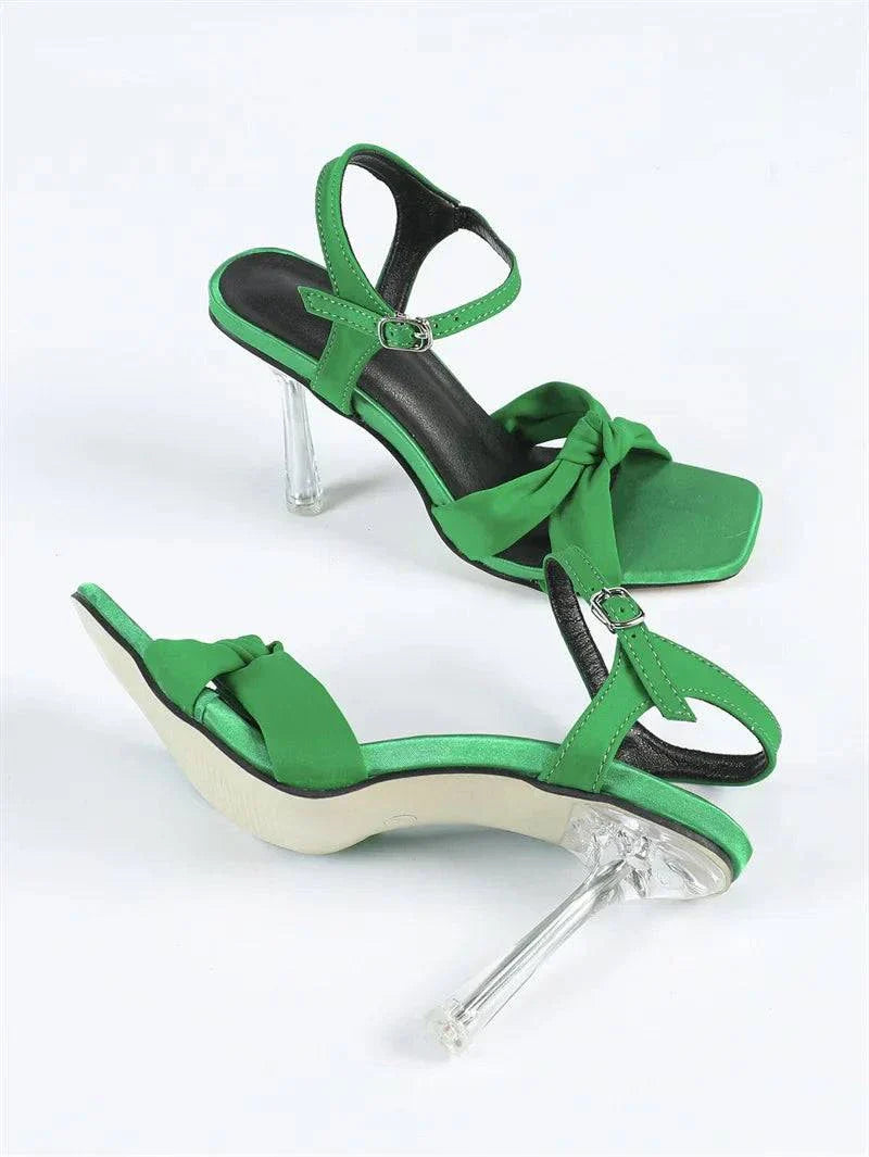 VougeVamp Pleated Silk Transparent Sandals - Square Toe High Heel Ankle Strap Shoes for Women