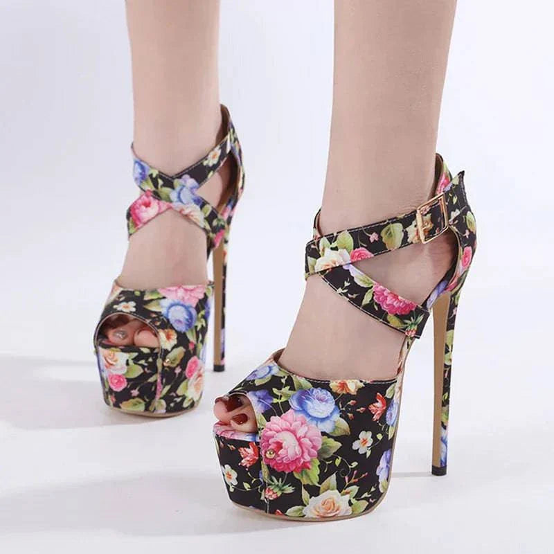 VougeVamp Floral Cloth Platform Pumps - Peep Toe 16CM High Heel Party Shoes for Women
