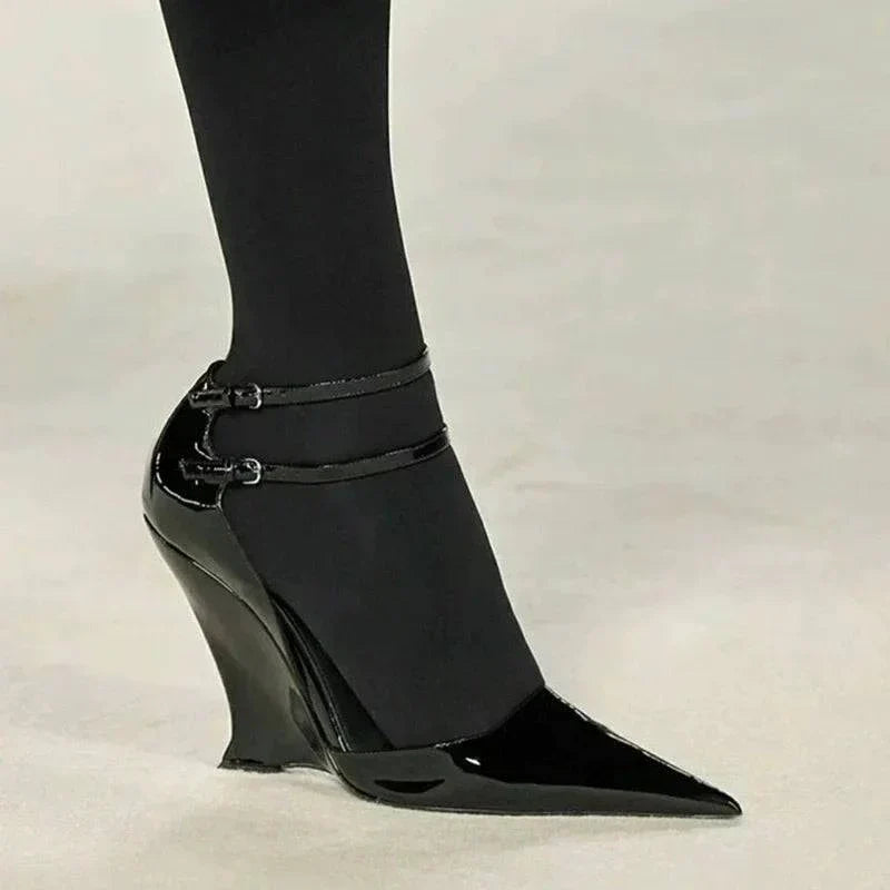 VougeVamp Red Patent Leather Wedge Pumps - Pointed Toe Double Buckle Party Shoes for Women