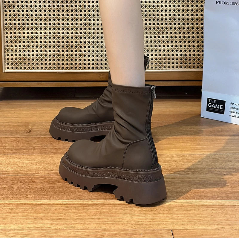 VougeVamp Platform Heel Ankle Booties – Retro Style Short Boots with Back Zipper - VougeVampUK