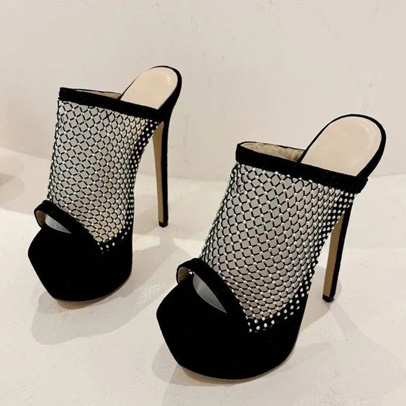 VougeVamp Crystal Mesh Platform Slippers - Peep Toe High Heel Party Shoes for Women in Black