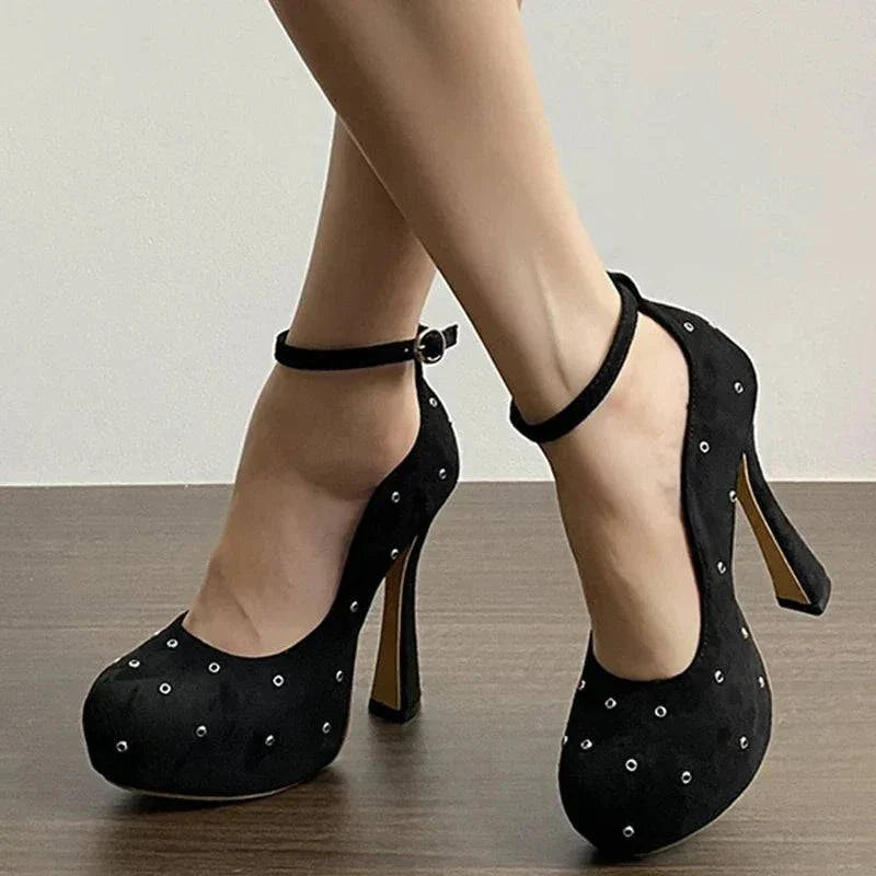 VougeVamp Women’s Round Toe Ankle Buckle Strap Pumps – Metal Rivet Designer High Heels for Parties and Events