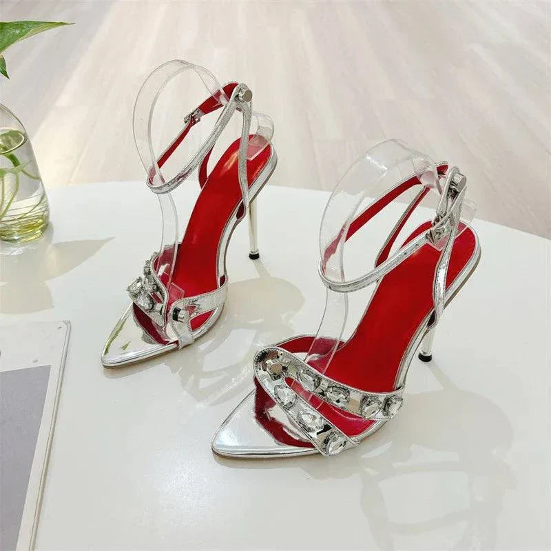 VougeVamp Gem Rivet Narrow Band Sandals - Pointed Toe High Heel Party Shoes for Women