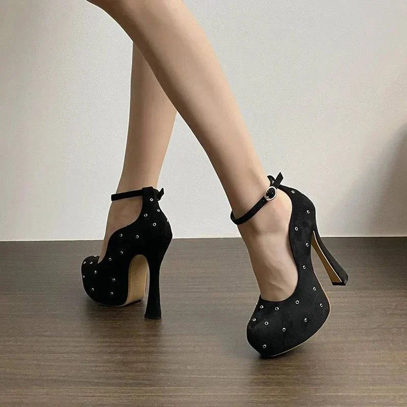 VougeVamp Women’s Round Toe Ankle Buckle Strap Pumps – Metal Rivet Designer High Heels for Parties and Events