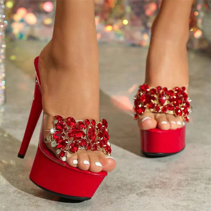 VougeVamp Red Crystal Gem Platform Slippers - Open Toe High Heel Wedding Sandals for Women