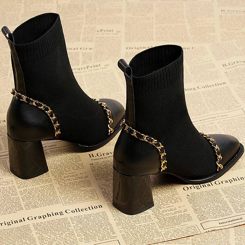 VougeVamp Women's Knitted Chain Sock Boots – Trendy Chunky Heel Winter Ankle Boots - VougeVampUK