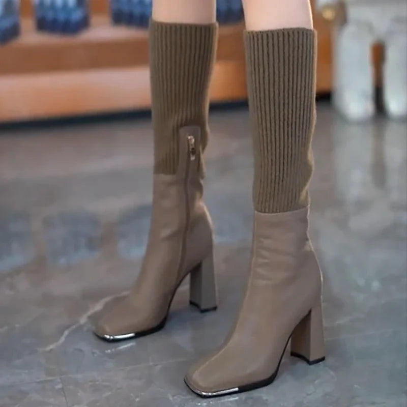 VougeVamp Women's Knee-High Knitted Boots – Retro Slip-On High Heel Sock Boots - VougeVampUK