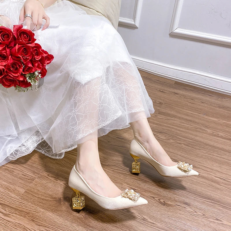 Women's High Heels Pointed Toe with Shaped Heel and Square Buckle, 5cm-7cm Wedding and Banquet Shoes