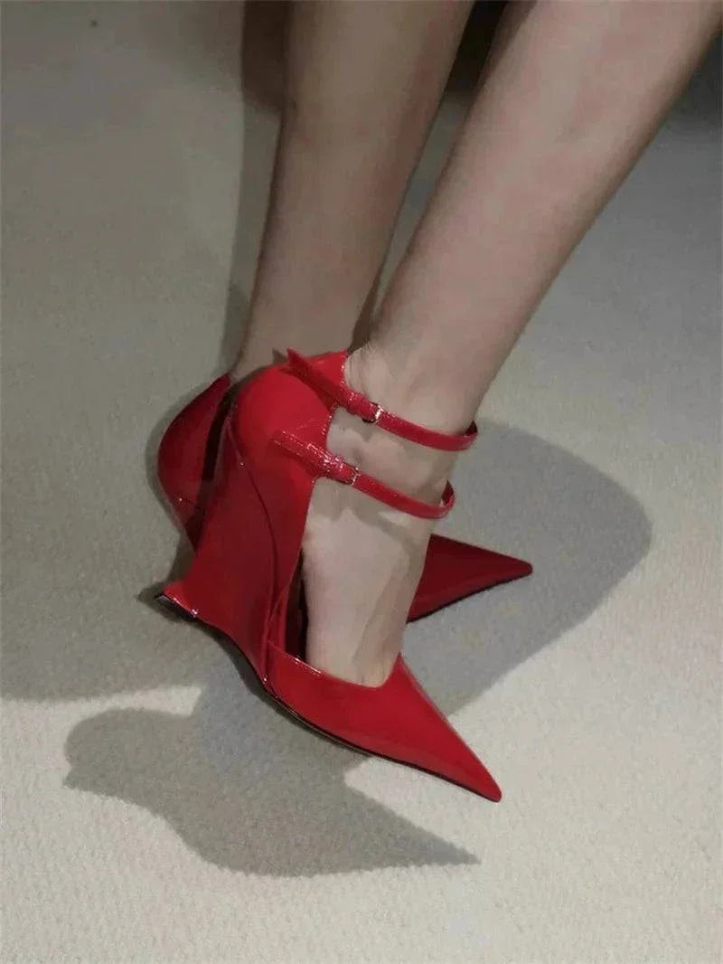 VougeVamp Red Patent Leather Wedge Pumps - Pointed Toe Double Buckle Party Shoes for Women