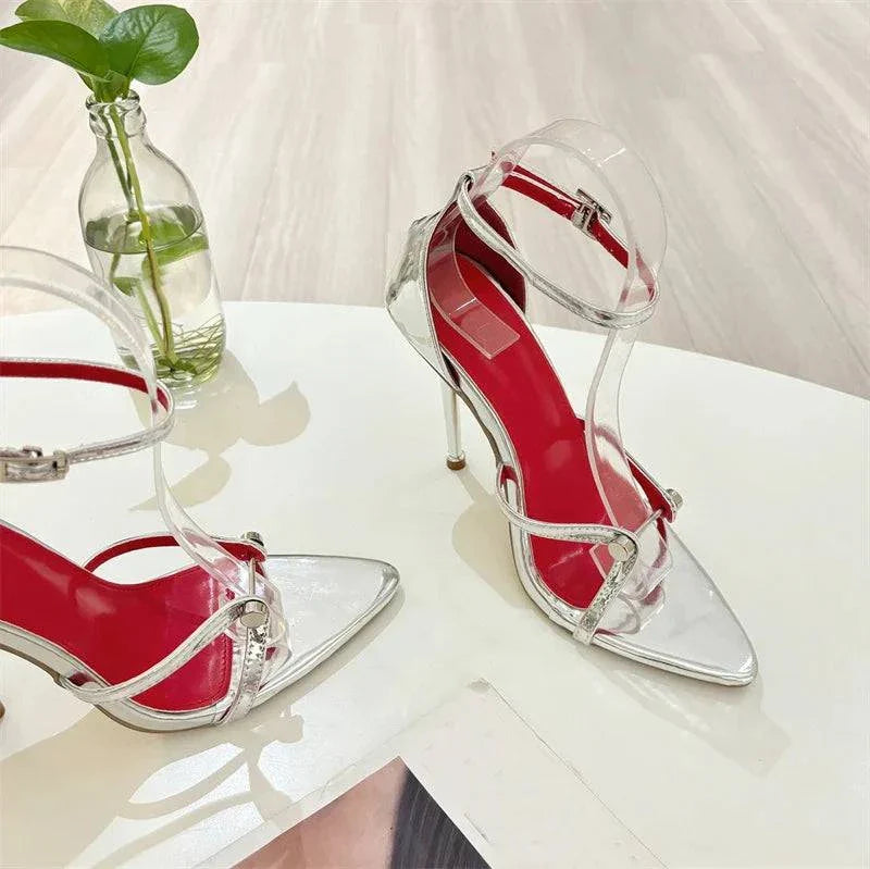 VougeVamp Gold Silver Ankle Cover Strap Sandals - Pointed Open Toe High Heel Party Shoes for Women