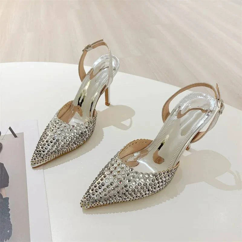VougeVamp Black Crystal Rhinestone Slingback Pumps - Pointed Toe High Heel Party Shoes for Women