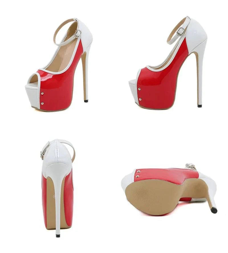 VougeVamp Women’s Red Peep-Toe Platform Pumps – Ultra High 16CM Heels for Parties, Weddings, and Pole Dancing