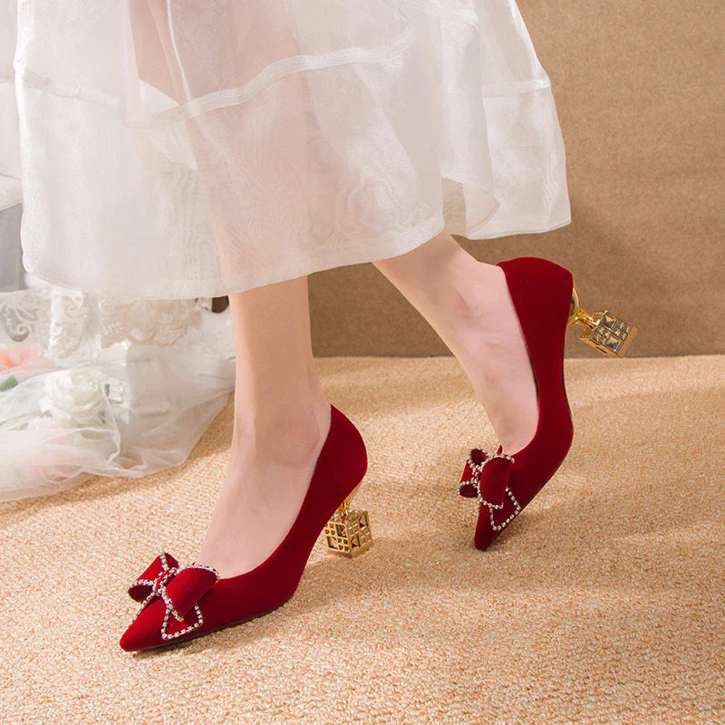 VougeVamp Red Bowtie Crystal High Heel Pumps – Elegant Slip-On Bridal & Party Shoes