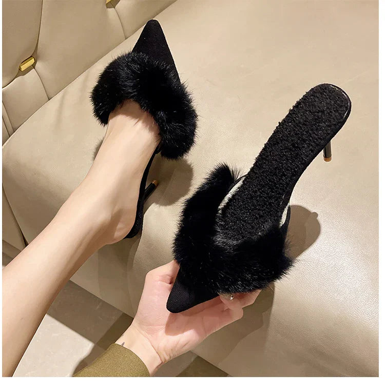 VougeVamp Women's Pointed Toe High Heel Mules – Elegant Slip-On Fur Sandals for Parties & Fashionable Wear