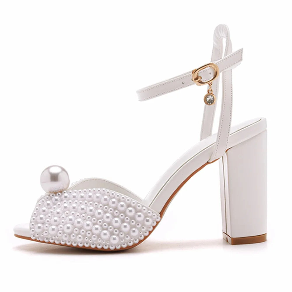 Handmade Designer Pearl-Embellished Thick Square Heel Fish Mouth Sandals for Brides, Wedding Shoes