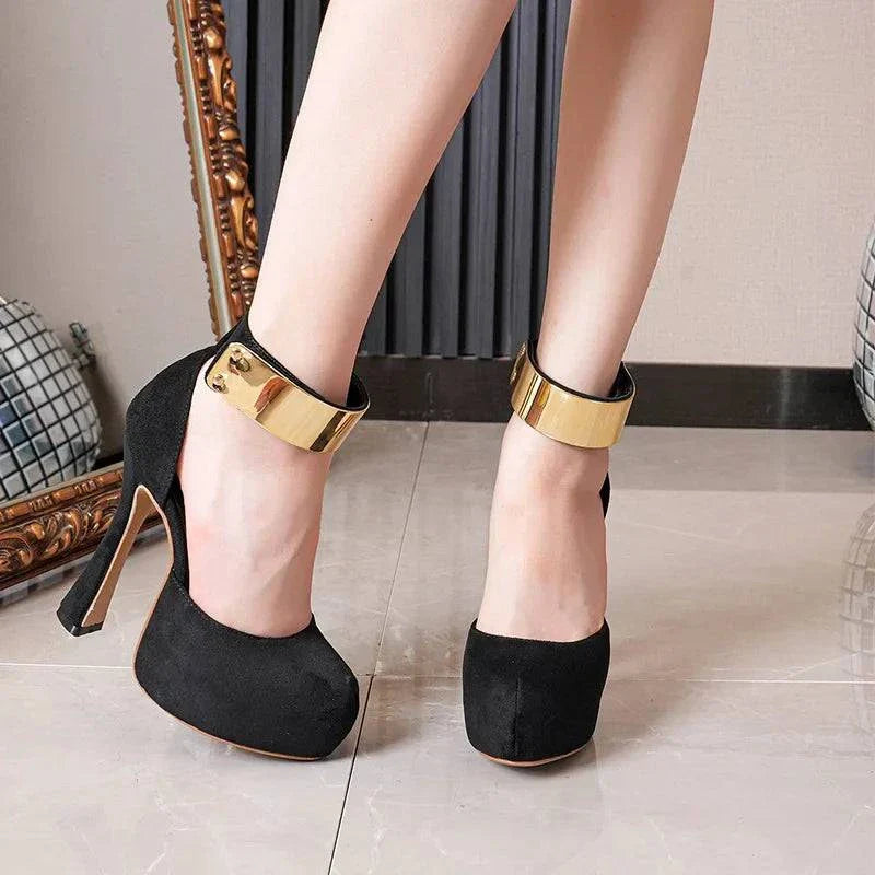 VougeVamp Women’s Metal Ankle Strap Platform Pumps – Sexy 13CM Strange High Heels for Parties and Proms