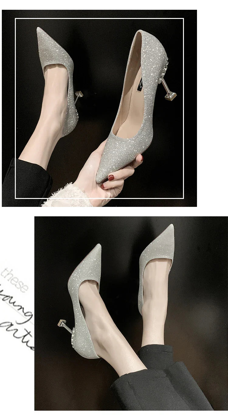 VougeVamp Elegant Stiletto Heels – Nude & Metallic Pointed Toe Dress Shoes with Pearl Detail for Bridal, Party & Special Occasions