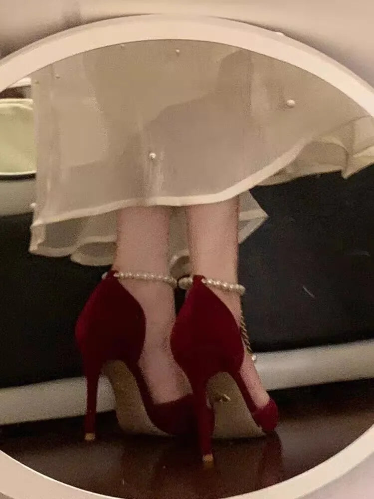 VougeVamp Pointed Toe High Heel Bridal Shoes – Elegant Metal Buckle Strap Stilettos for Weddings & Special Occasions